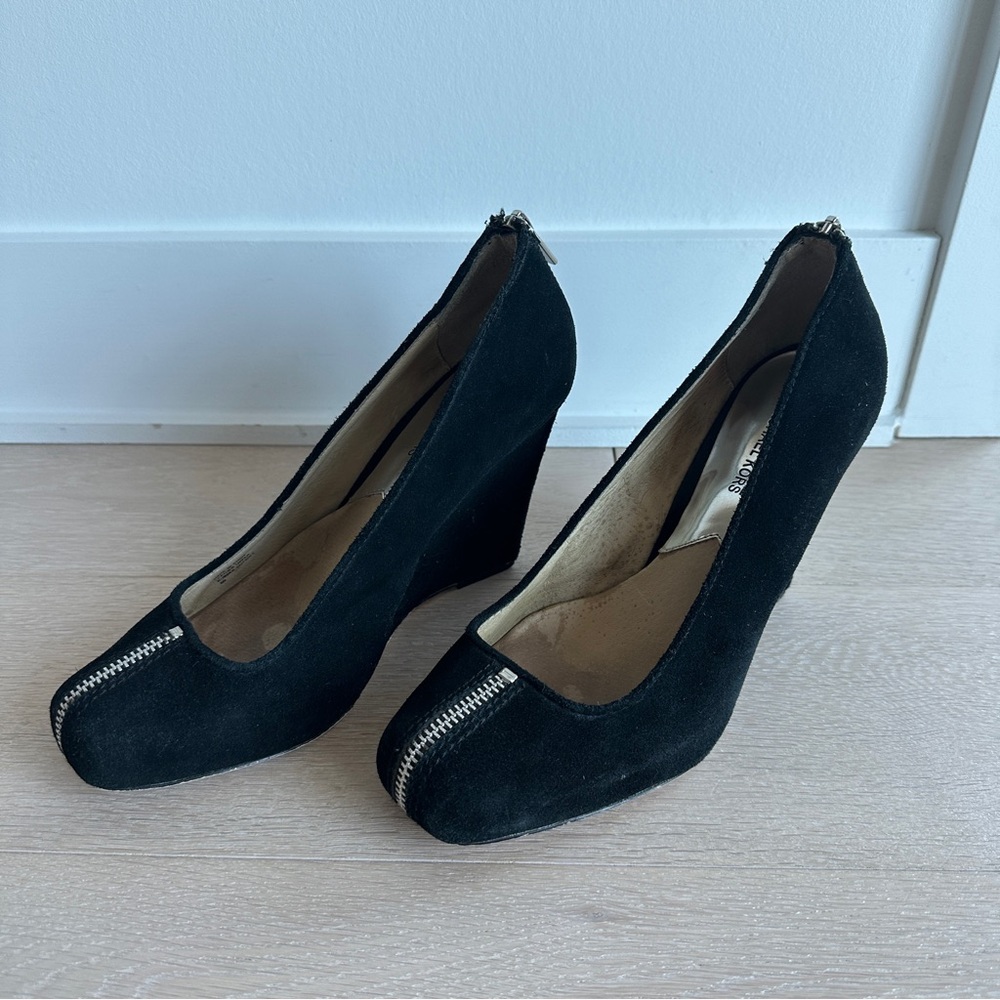 Michael Kors Black Suede Wedge Pumps with Silver Zipper Detail